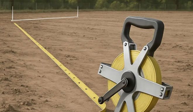 A yellow measuring tape reel on a dirt field, with the tape extended toward white corner markers in the distance.
