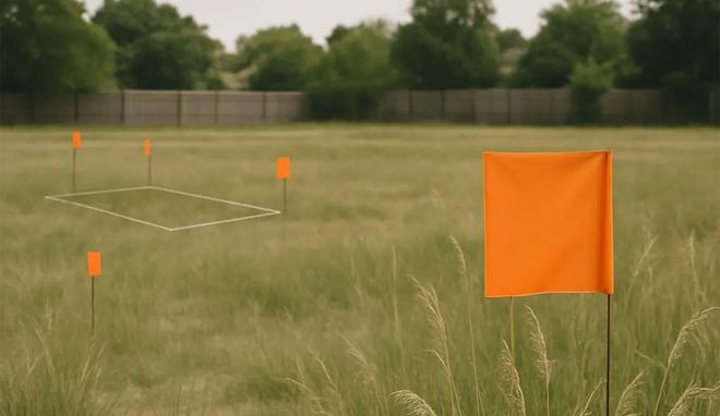 Orange survey flags mark a rectangle on a grassy field with a fence in the background.