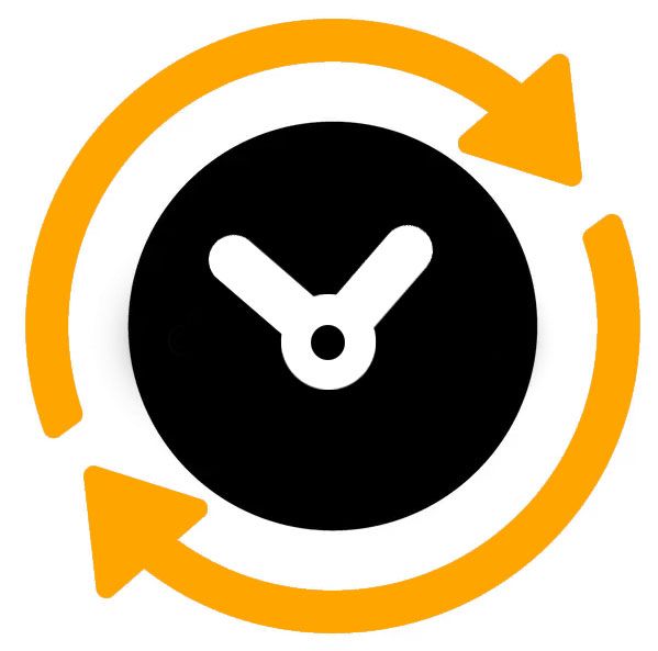 A white clock face icon centered on a black circle, surrounded by two orange circular arrows indicating a refresh motion.