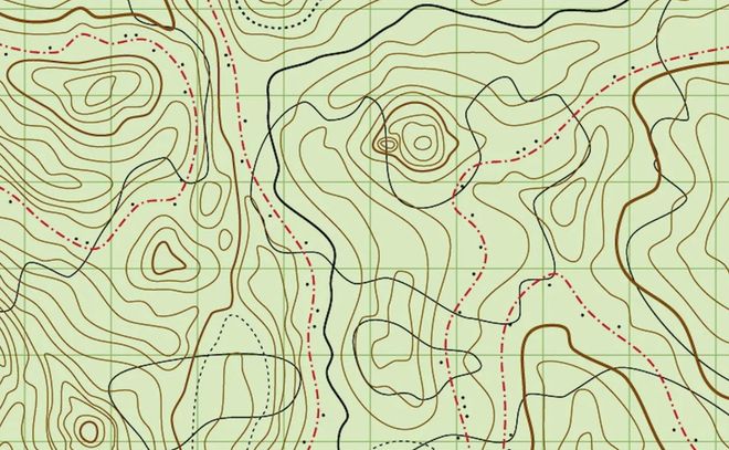A topographic map showing contour lines, elevation patterns, and a grid overlay in shades of tan and brown.