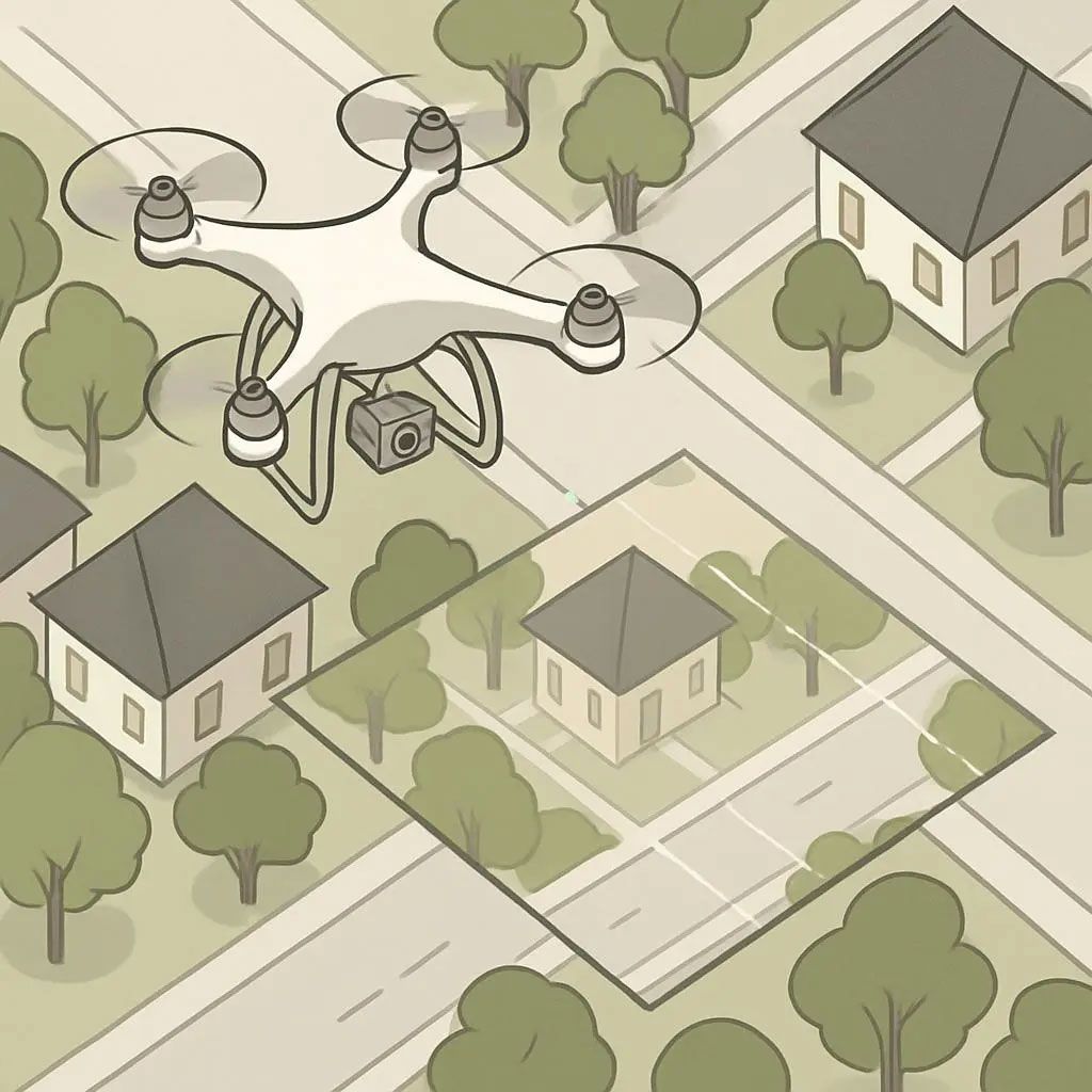 A drone with a camera flies over a suburban neighborhood, highlighting a specific house with a glowing grid overlay.