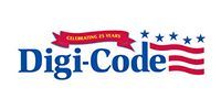 Digi-Code logo with red ribbon, blue text, and red-and-blue stars
