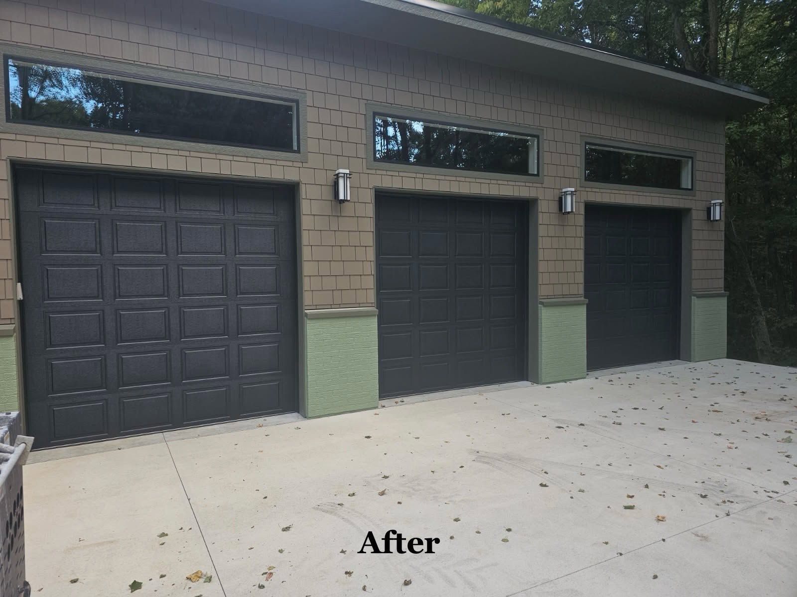 Three dark garage doors on a tan house exterior labeled “After” on the driveway