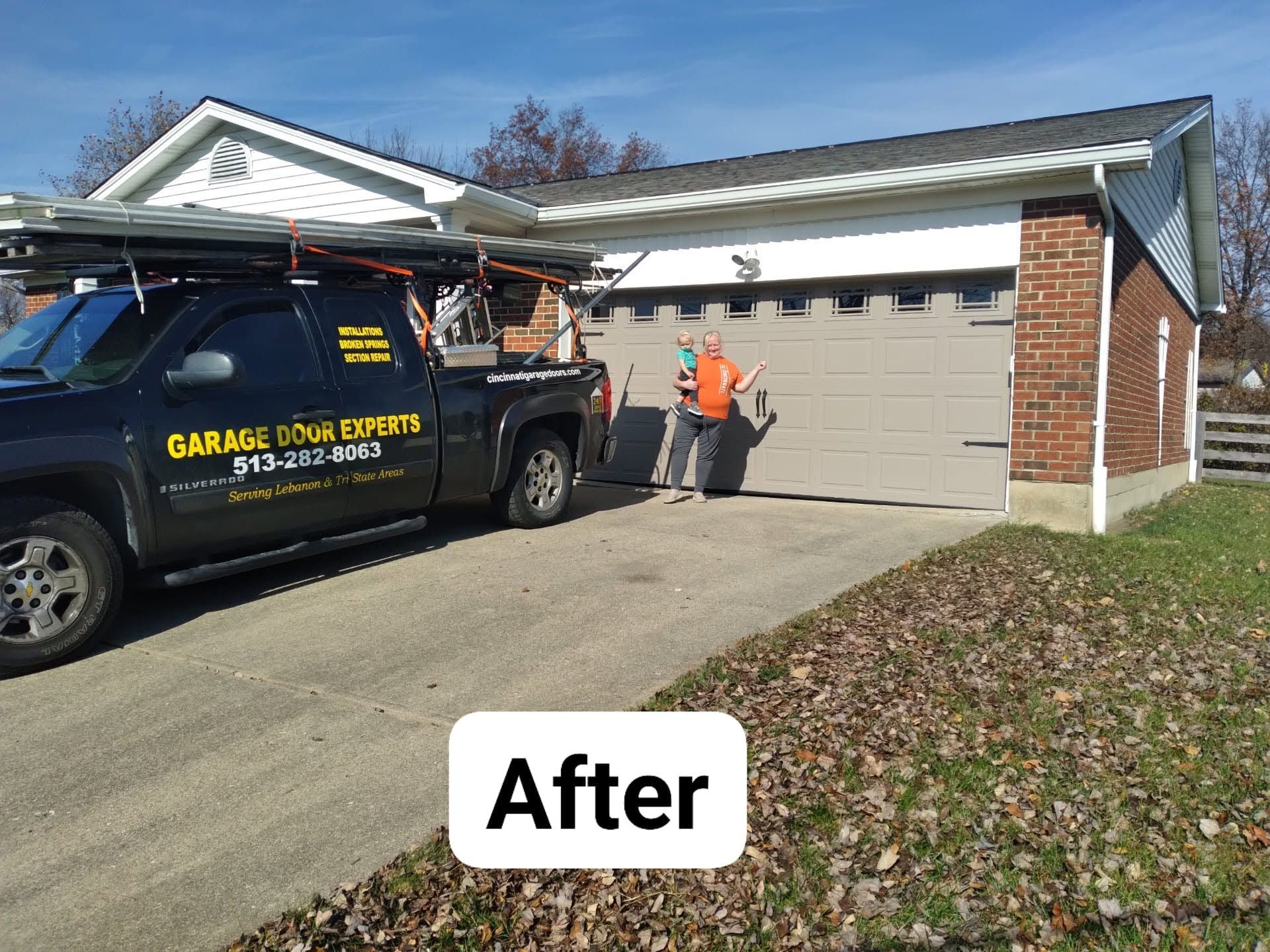 Garage door repair worker beside tan house and black service truck; “After” label visible.