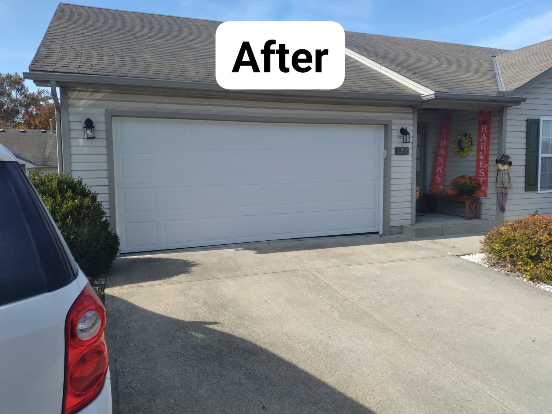 Suburban house exterior with a two-car garage and a car parked in the driveway, labeled “After”