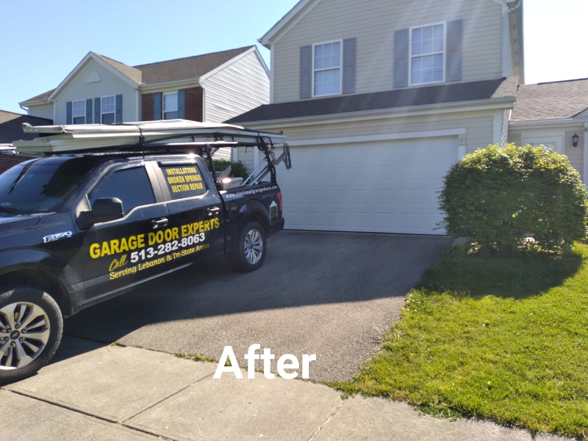 Driveway before-and-after scene with a garage door company van parked in front of a house.