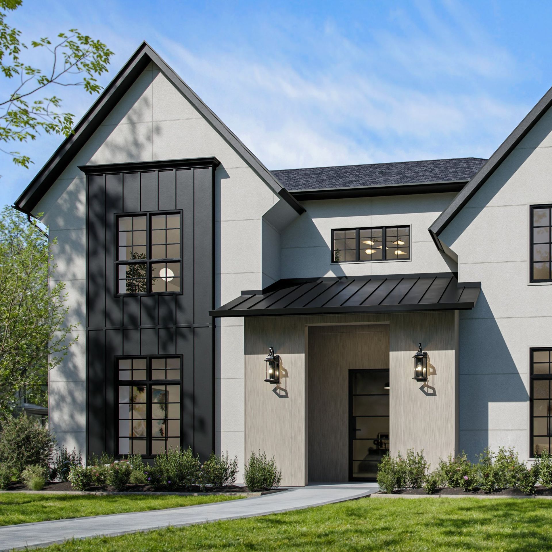 Modern two-story house with black accents, light-colored exterior, black roof, front door and windows.