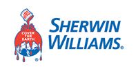 Sherwin-Williams logo: paint can pouring red paint over a red and blue globe, with