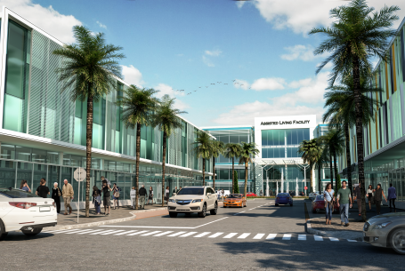 An artist 's impression of a building with palm trees in front of it