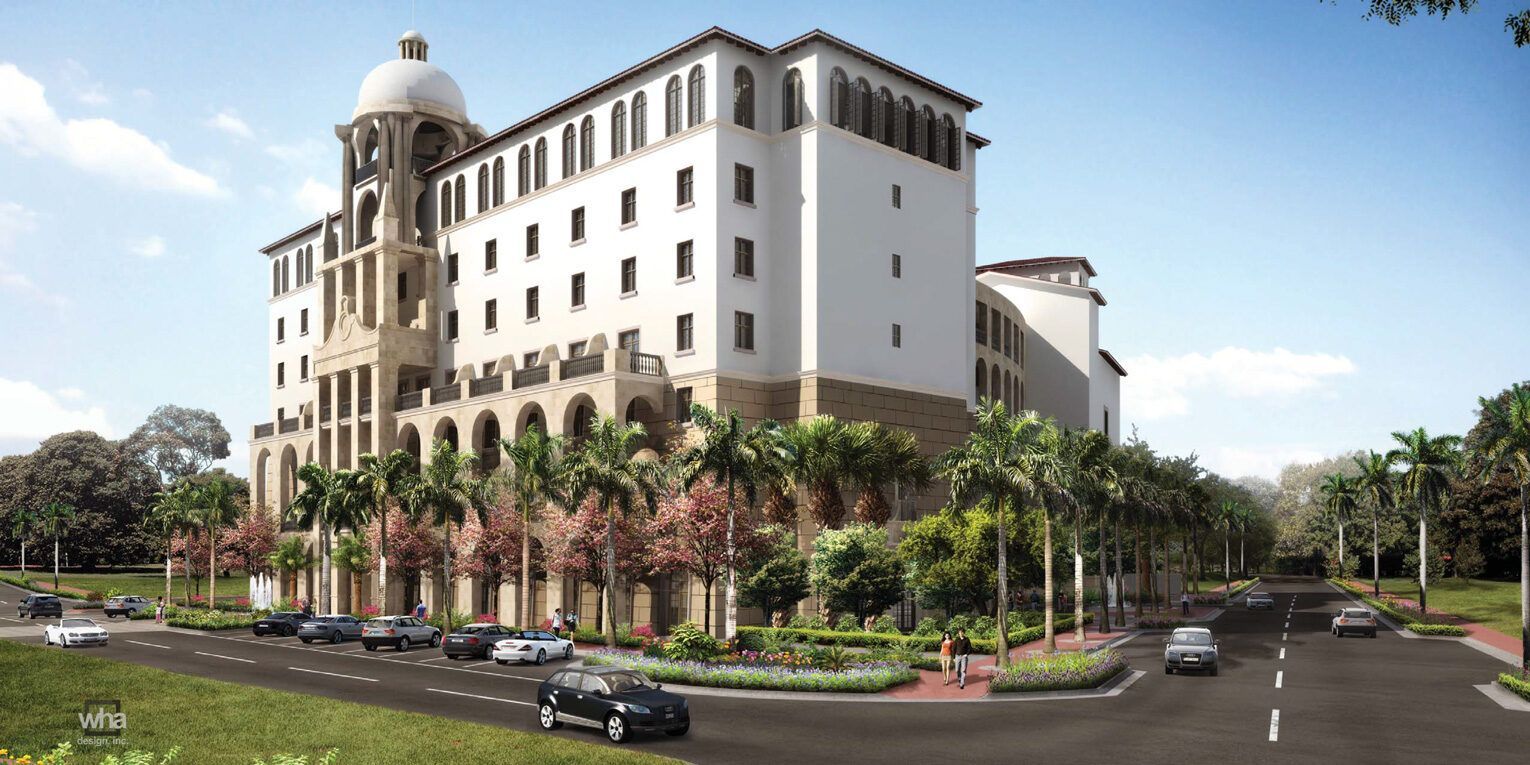 A large building surrounded by palm trees