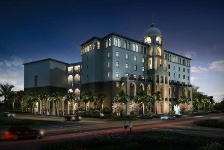 A large building at night