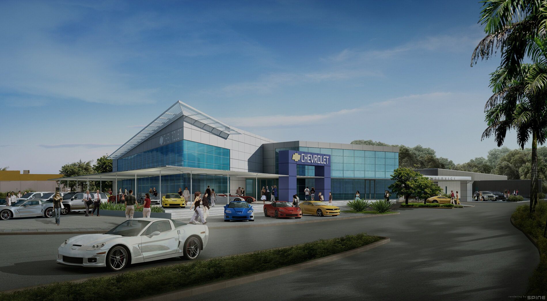 A white car is parked in front of a large building