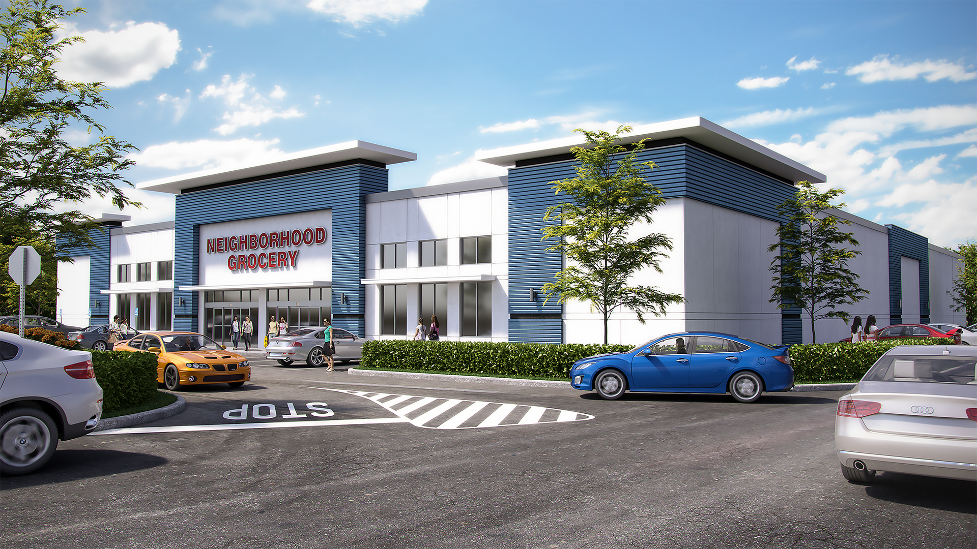 Grocery store with cars parked in front