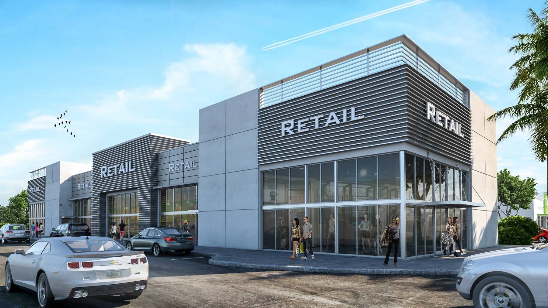 Retail building with cars parked in front of it