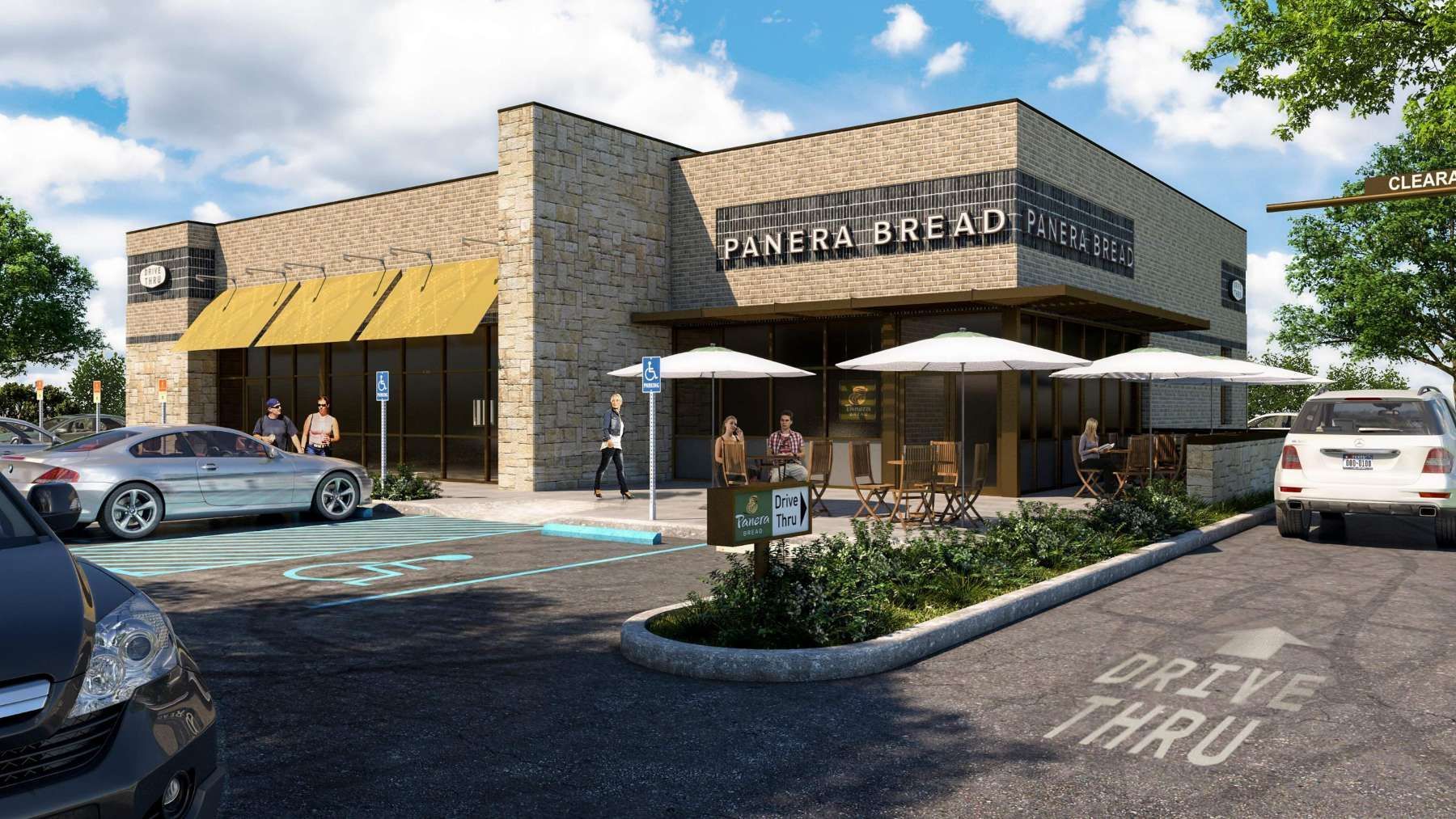 Coffee shop with cars parked in front of it