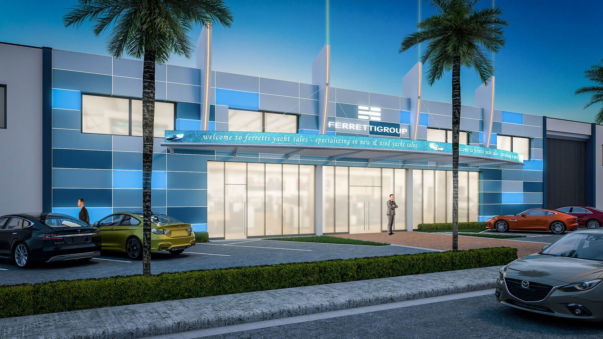 Modern building entrance with cars parked out front, palm trees, and blue accent panels.