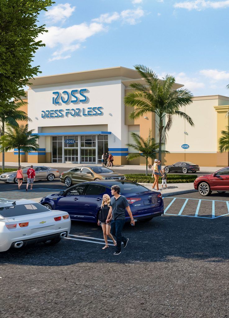 Exterior view of a Ross store with cars parked in front, people walking, and palm trees under a blue sky.