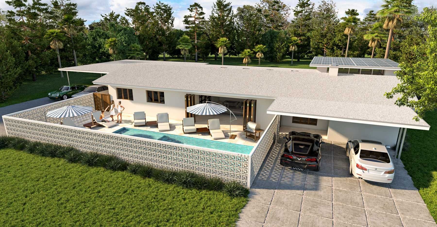 An aerial view of a house with a pool