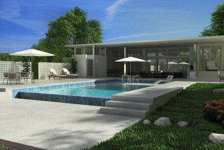 A house with a large swimming pool