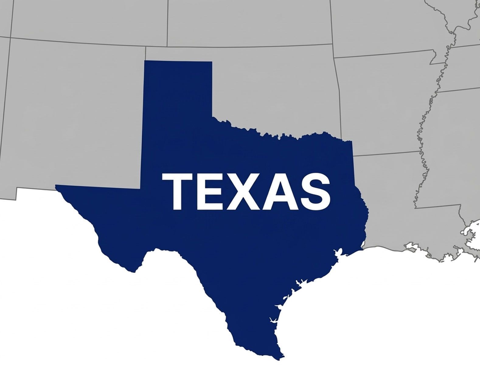 A blue silhouette map of the state of Texas labeled with the word 