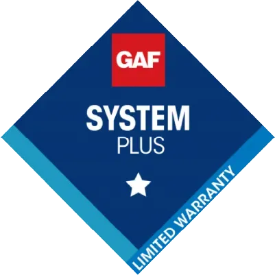 A blue sign that says gaf system plus limited warranty