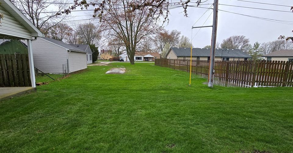 Green grassy backyard with a wooden fence and gray houses. Overcast day.