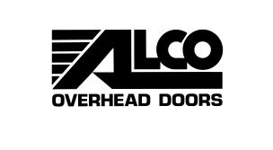 ALCO Overhead Doors logo in black text with stylized stripes on a white background