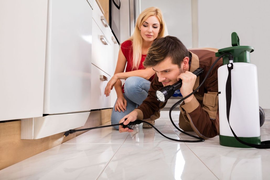 Pest control technician spraying insecticide, observed by a woman, next to kitchen cabinets.