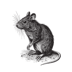 Mouse, gray fur, whiskers, erect ears, standing, looking left.