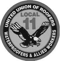 United Union of Roofers Local 11 circular black-and-white union emblem with eagle and “Waterproofers & Allied Workers” text.