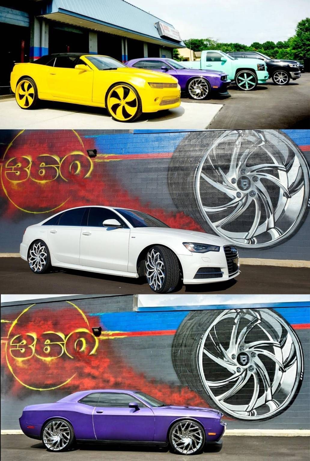 A collage of custom cars, including a yellow Camaro, and a white Audi with large chrome rims.