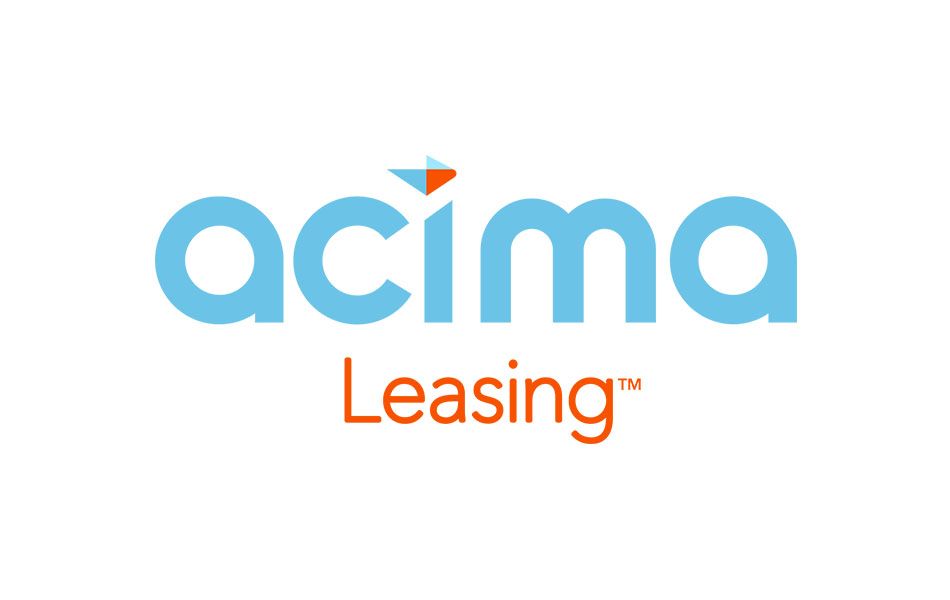 Acima Leasing logo: blue wordmark with an arrow; Leasing in orange.