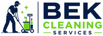 BEK Cleaning Services logo with a person cleaning beside a green cart and broom icon