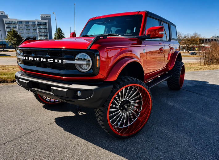 Red Ford Bronco SUV with oversized red rims parked outdoors in bright sunlight.