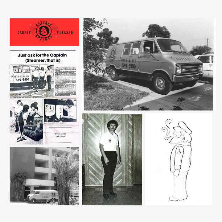Collection of photos featuring a business van, newspaper ad, and a man in a uniform.
