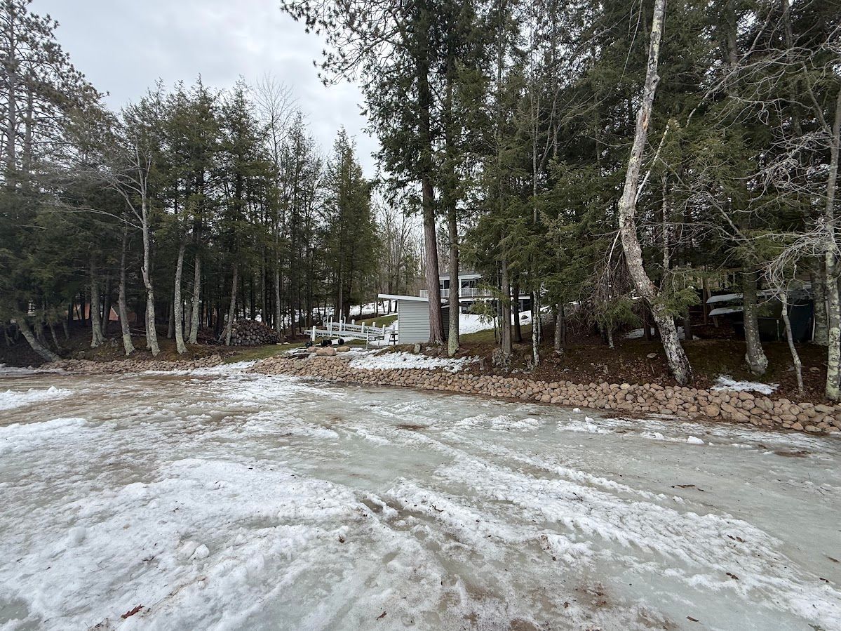 Snowy forest clearing with birch trees and a small cabin in the background