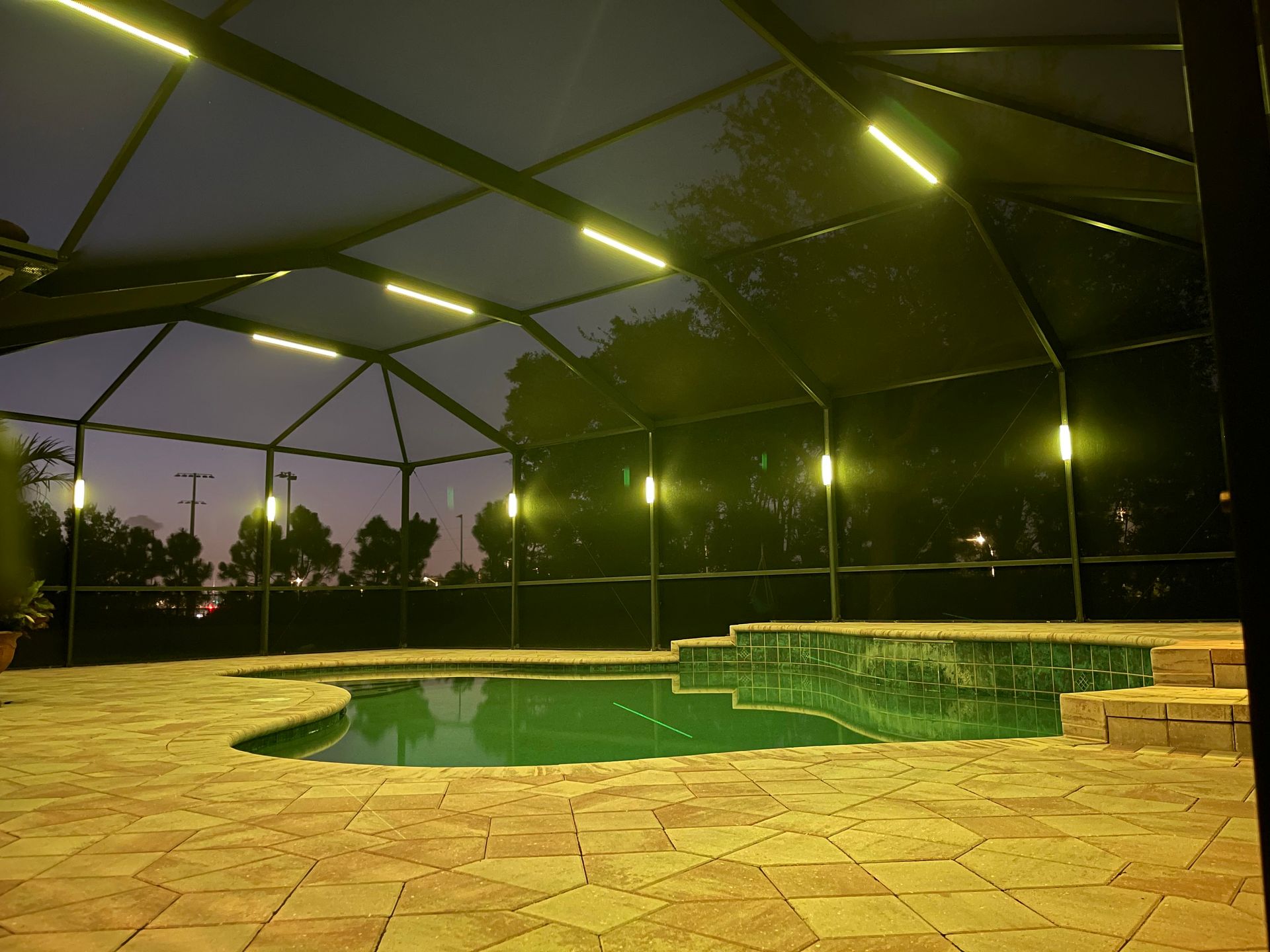 Night view of a pool inside a screened enclosure, lit by overhead lights.  Steps lead into the green-tinted water.