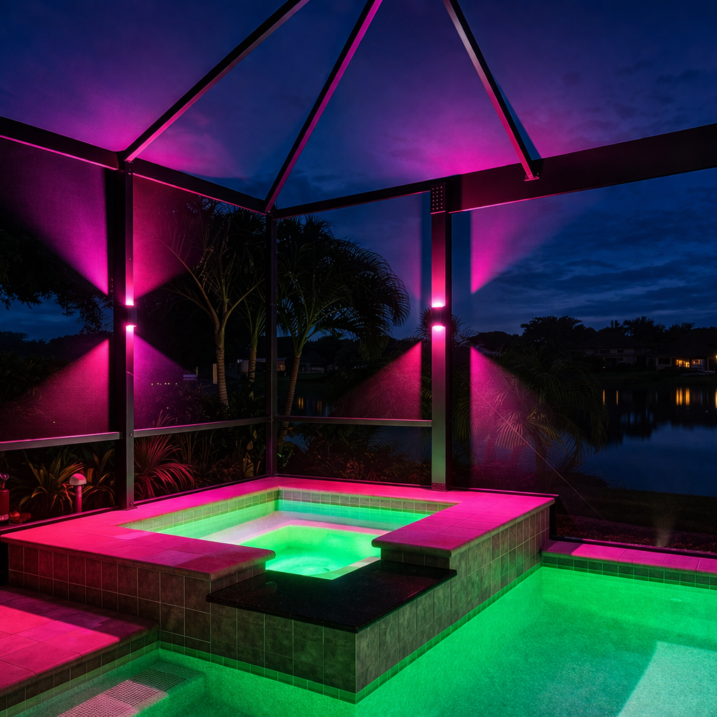 Screened-in patio with table and chairs, illuminated by overhead and wall lights at night.