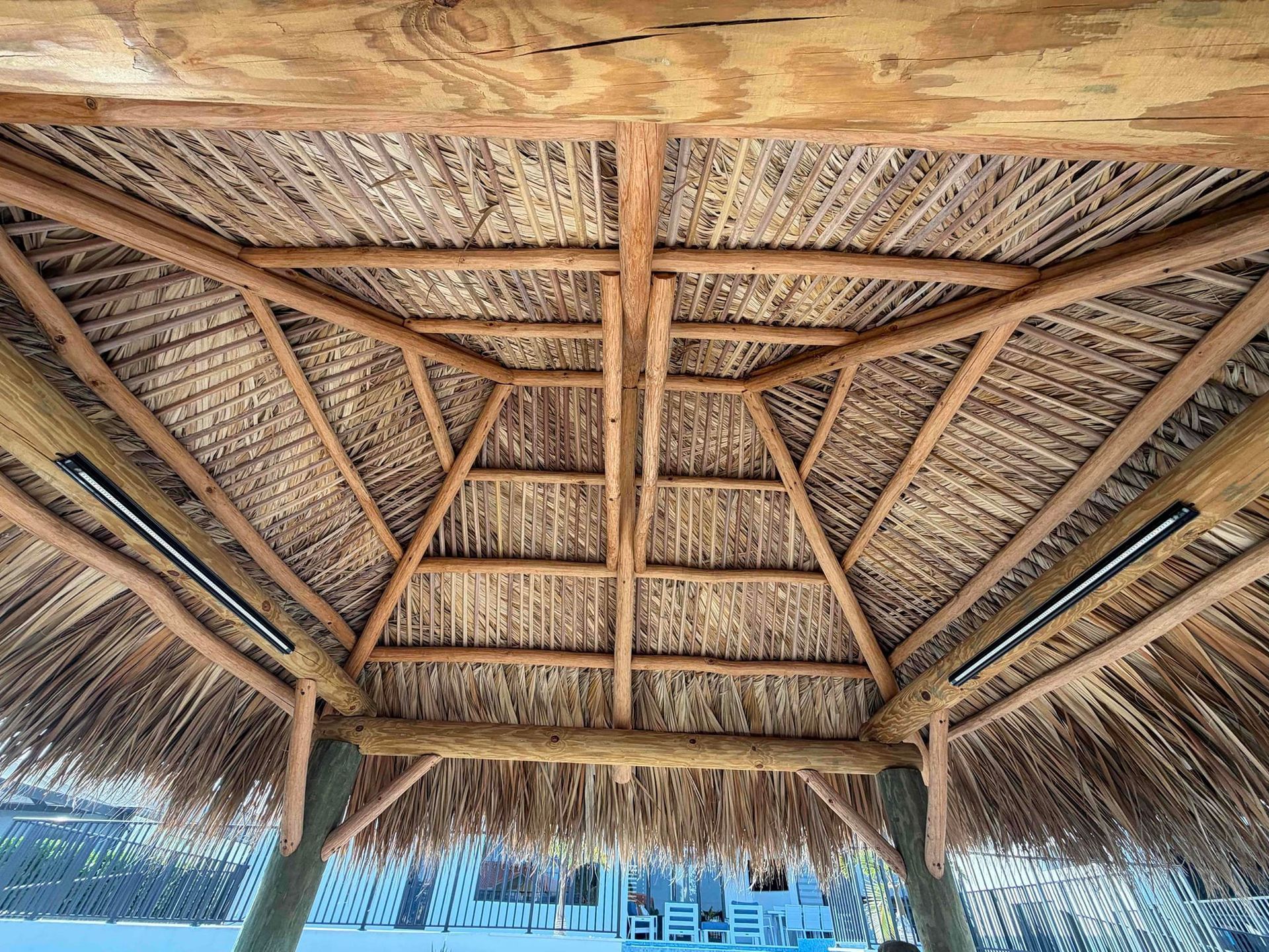 Ceiling of a tiki hut with wood beams and thatched roof. Two black lights are visible.