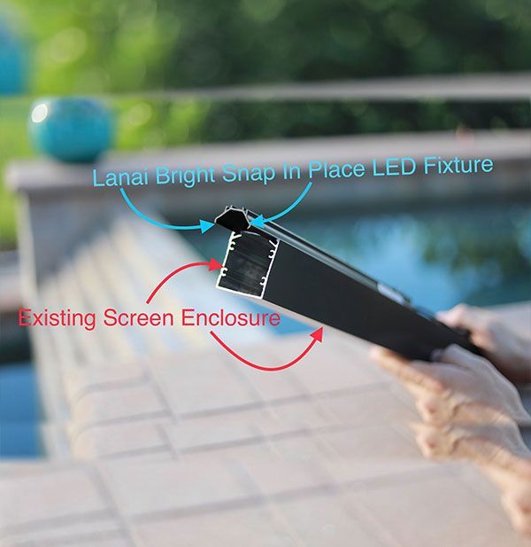 Person holding a black screen enclosure with an LED fixture attached, labeled for installation.