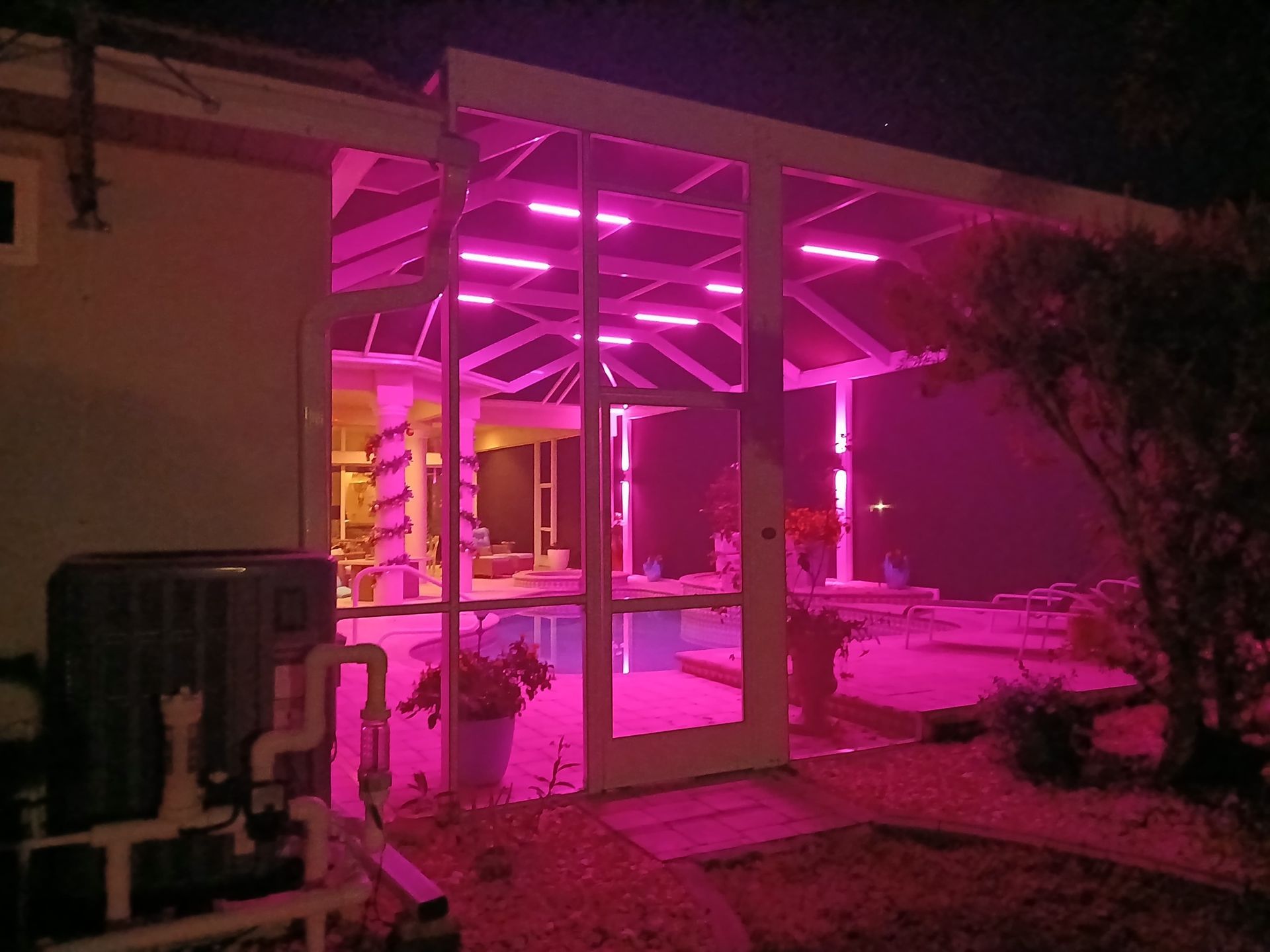 A screened patio lit with bright pink grow lights, illuminating plants and the interior at night.