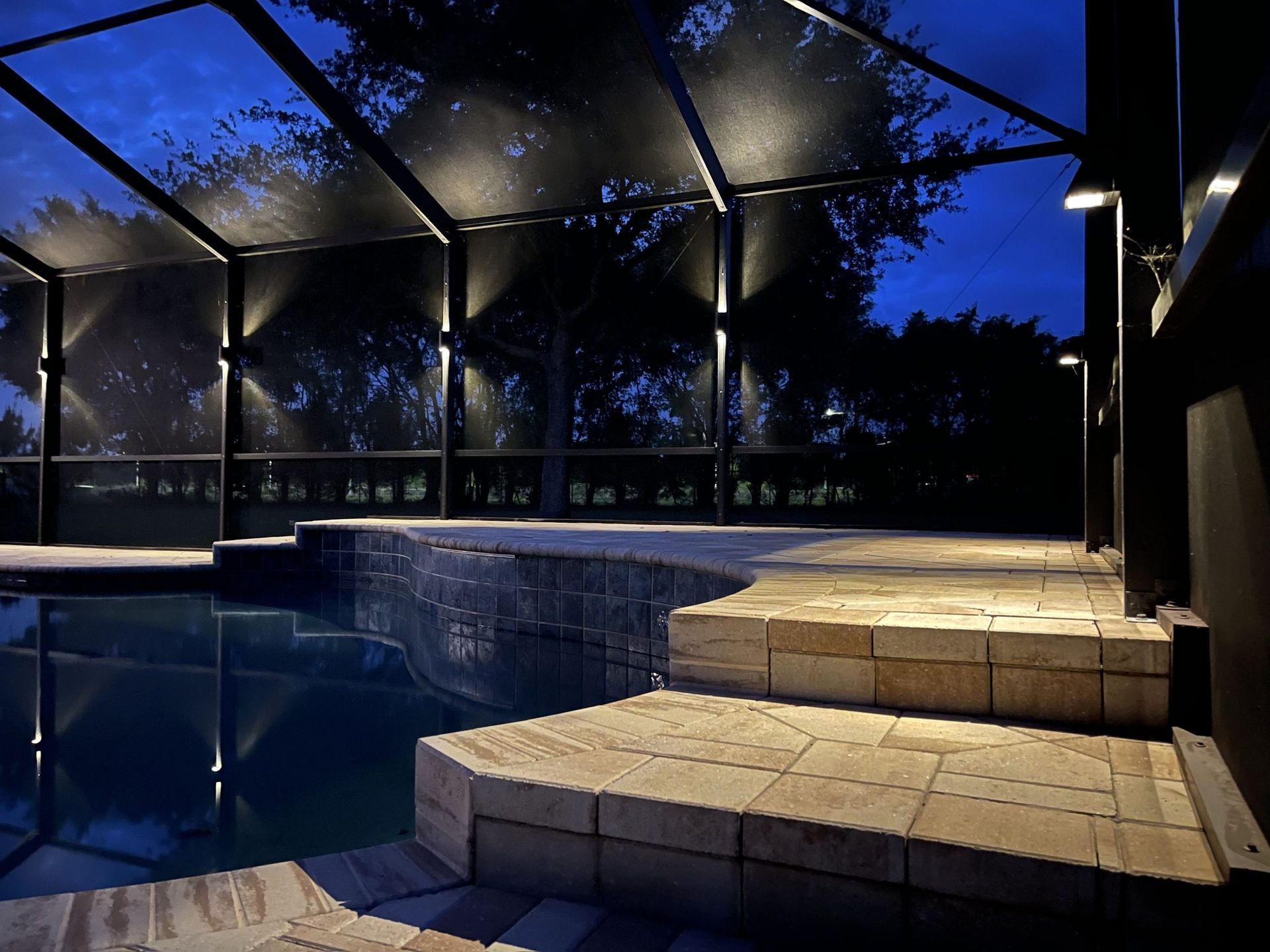 Night view of a pool area with a screened enclosure. Illuminated stairs and surrounding trees in the background.
