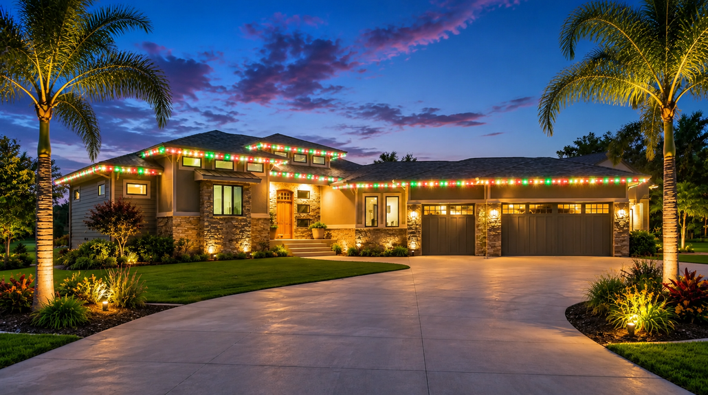 Luxury house exterior at dusk with warm lights, palm trees, and a wide driveway under a twilight sky.