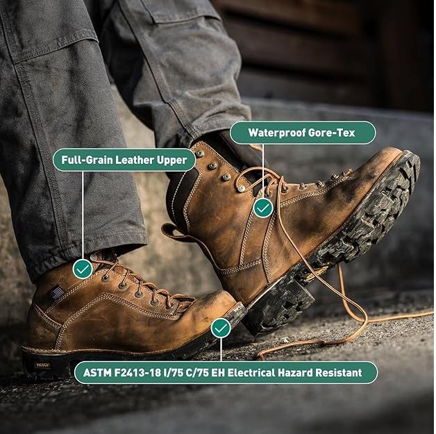 Brown work boots labeled 