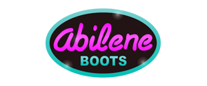 Logo for Abilene Boots: pink text on a black oval with a teal outline.