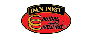 Dan Post Cowboy Certified logo in gold, red, and black.