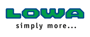 Logo for LOWA, featuring green text with a blue outline above the text
