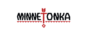 Minnetonka logo: black text with a red decorative element, on a white background.