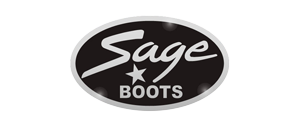 Logo for Sage Boots. Black oval with silver border. Text reads