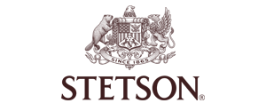 Stetson logo with crest above wordmark; brown on white background. Crest has eagle, animal supporters, shield, and